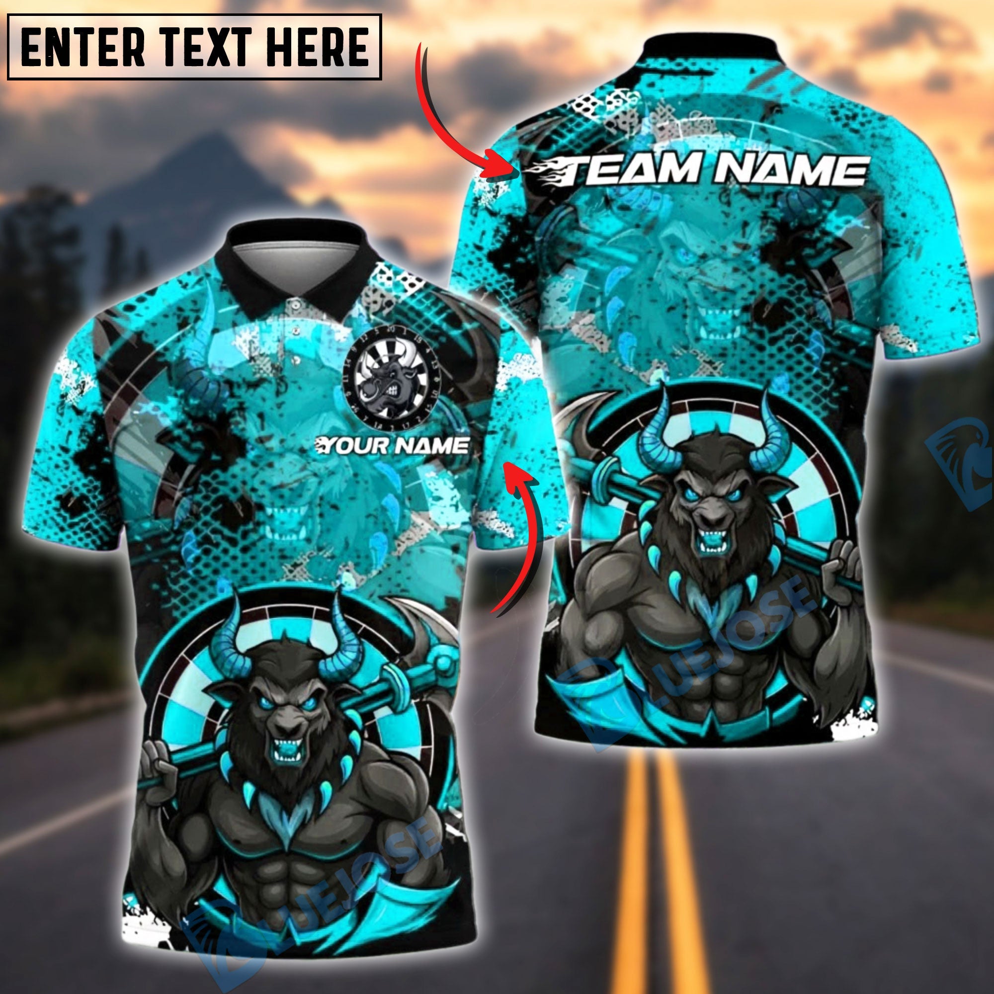 BlueJose Darts Fiery Demon Bull Customized Name, Team Name 3D Shirt (4 Colors)