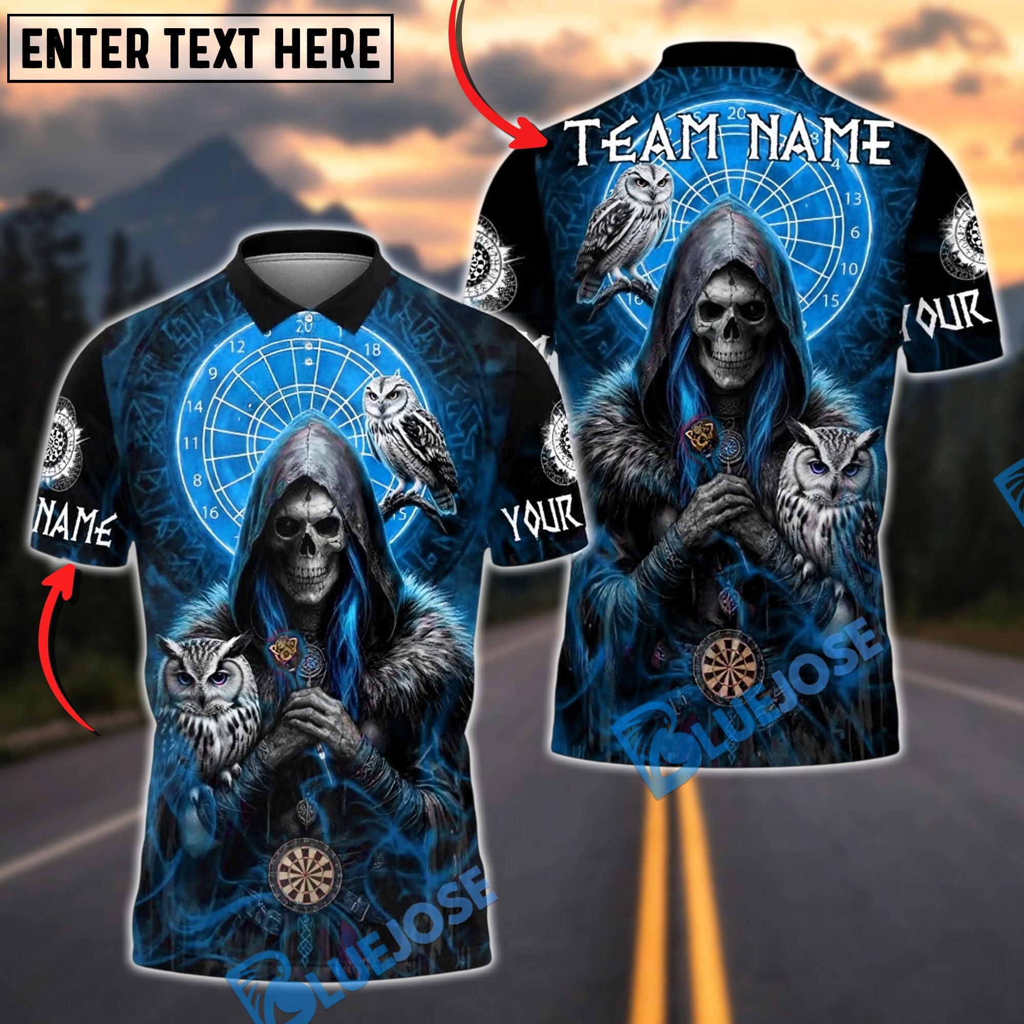 BlueJose Darts Skull Shadow Owl Personalized Name, Team Name Unisex Shirt (4 Colors)