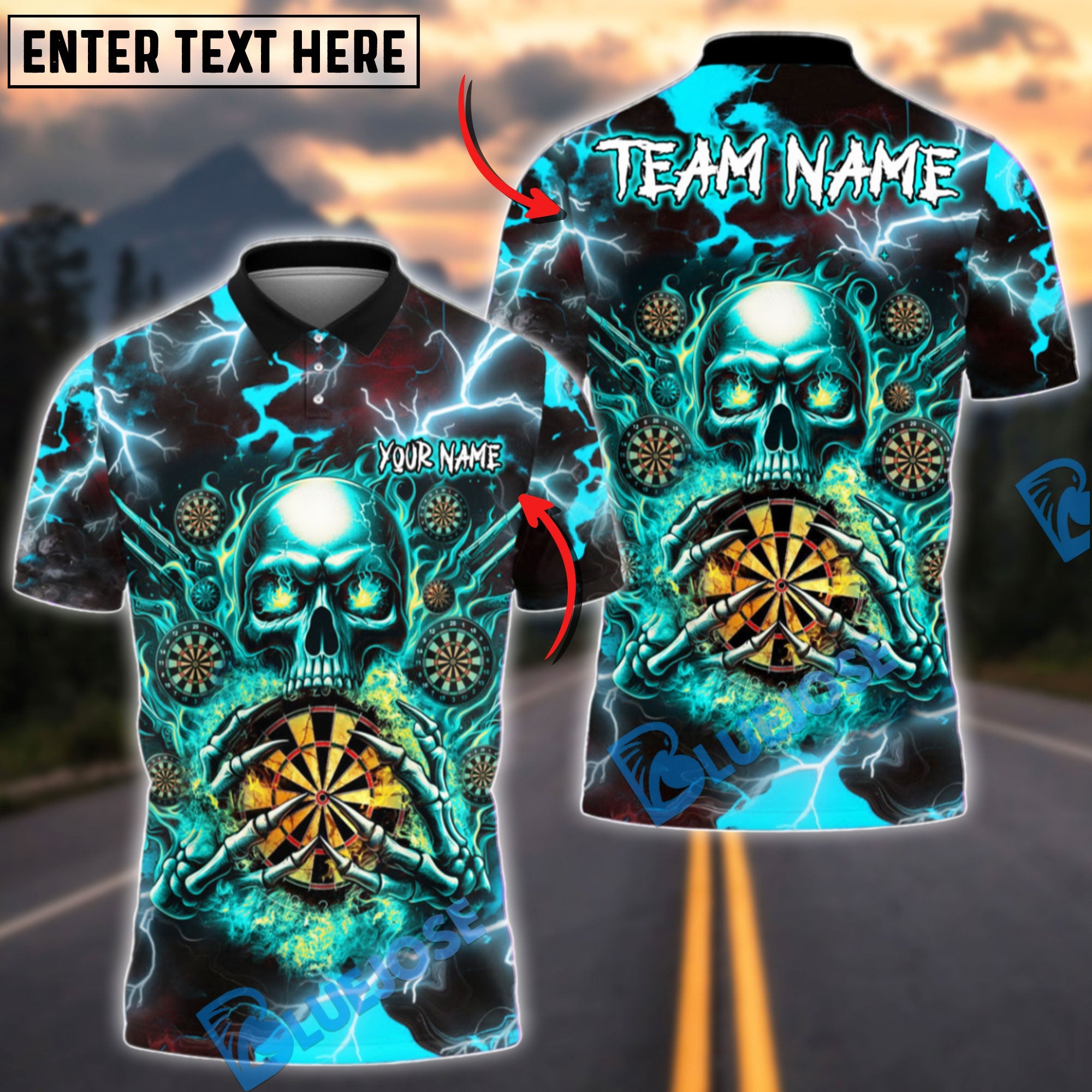 BlueJose Darts Skull Thunder Personalized Name, Team Name Shirt (4 Colors)