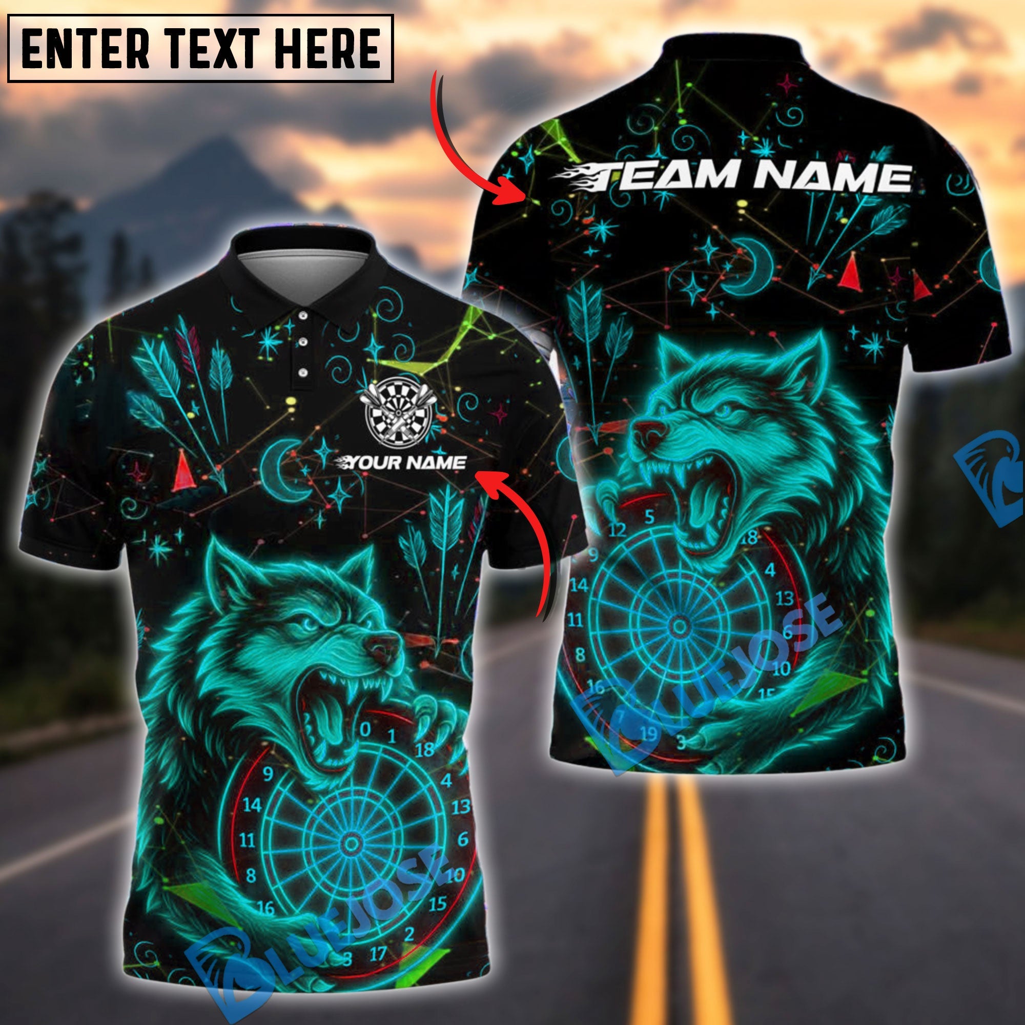 BlueJose Darts Neon Wolf Personalized Name, Team Name Shirt (4 Colors)