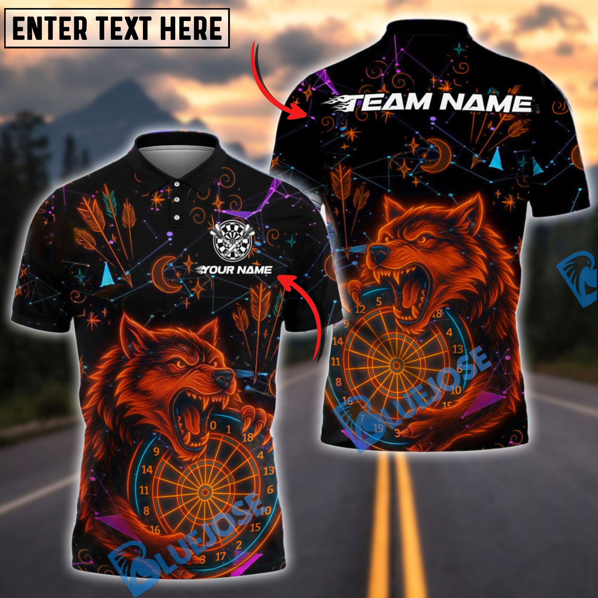 BlueJose Darts Neon Wolf Personalized Name, Team Name Shirt (4 Colors)