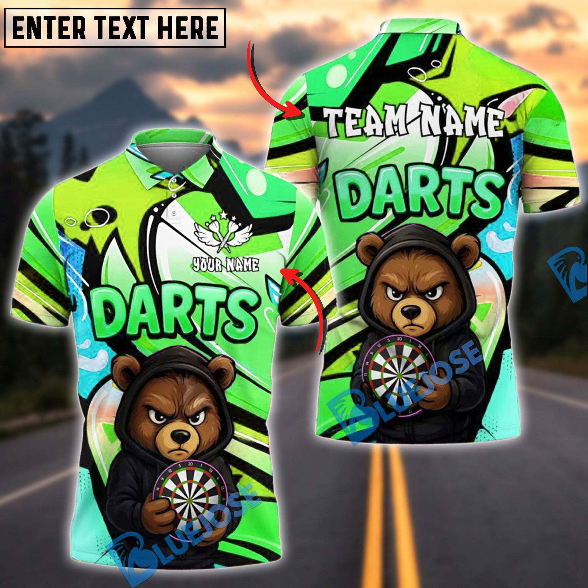 BlueJose Darts Bear Hoodie Striking Look Personalized Name, Team Name Shirt (4 Colors)