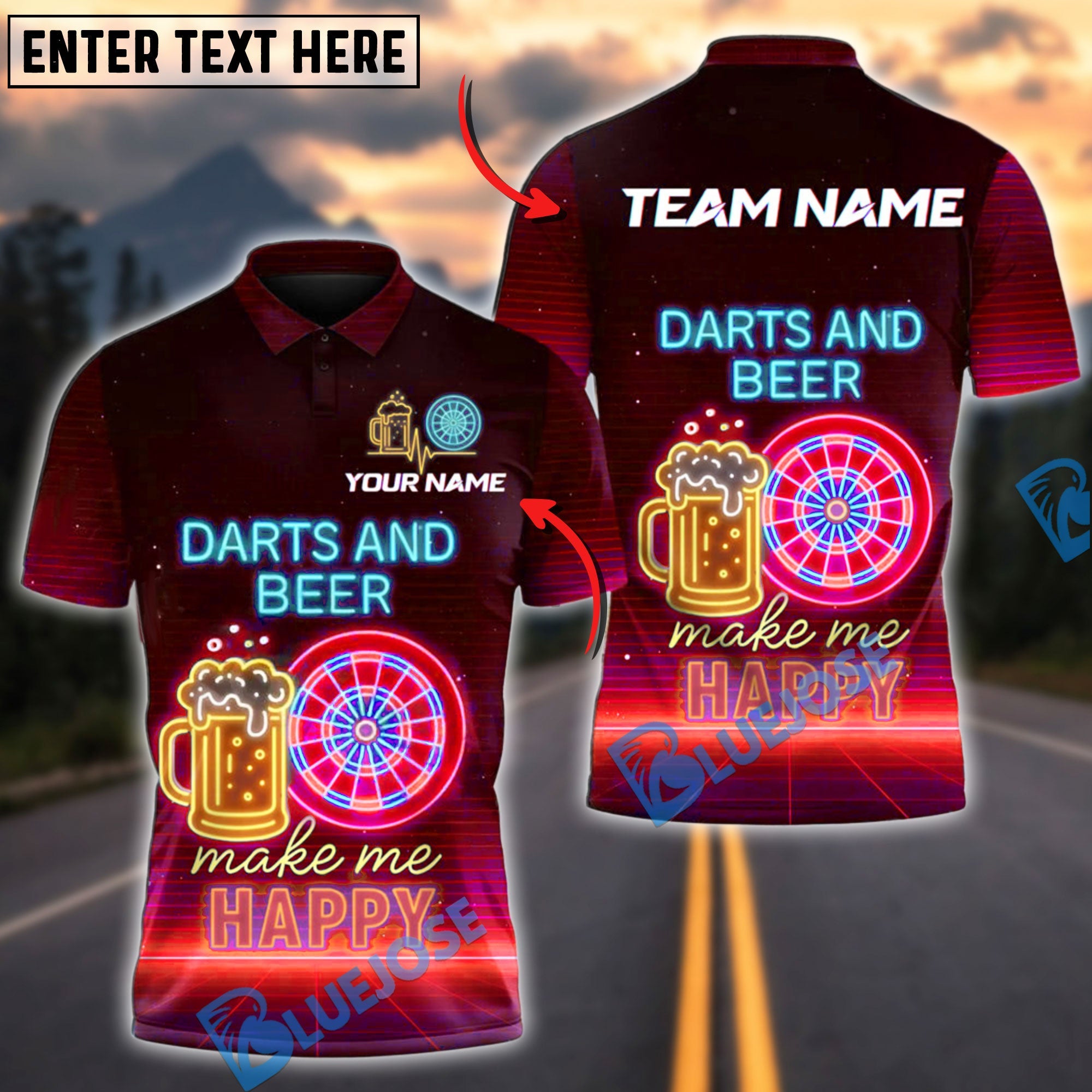 BlueJose Darts and Beer Neon Vibes Personalized Name, Team Name Shirt (4 Colors)