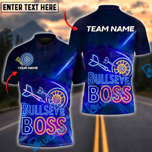 BlueJose Bullseye Darts Boss Neon Jet Personalized Name, Team Name Shirt (4 Colors)