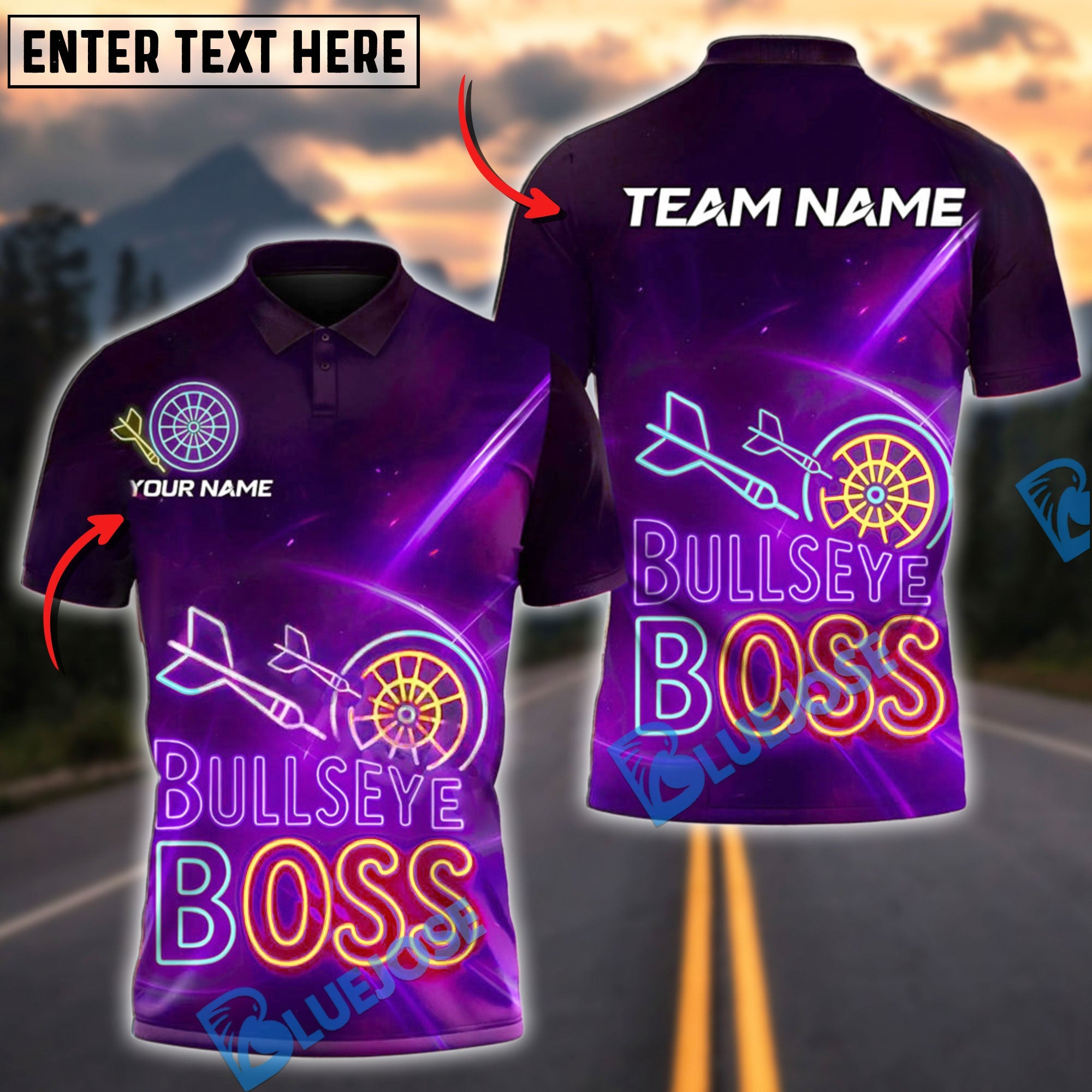 BlueJose Bullseye Darts Boss Neon Jet Personalized Name, Team Name Shirt (4 Colors)