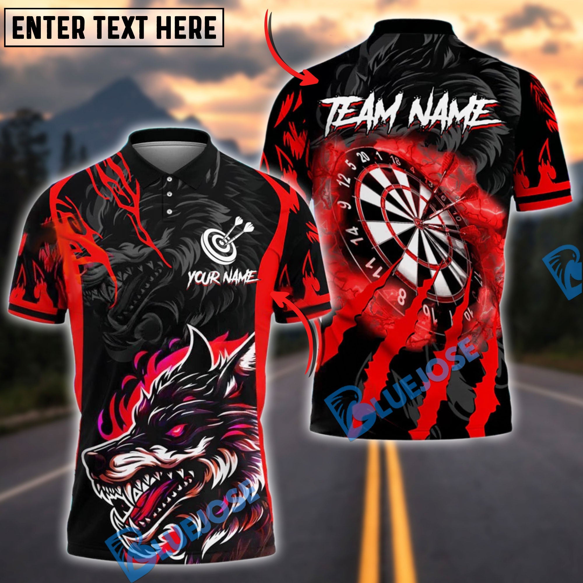 BlueJose Darts Wolf Flame Personalized Name, Team Name Shirt (4 Colors)