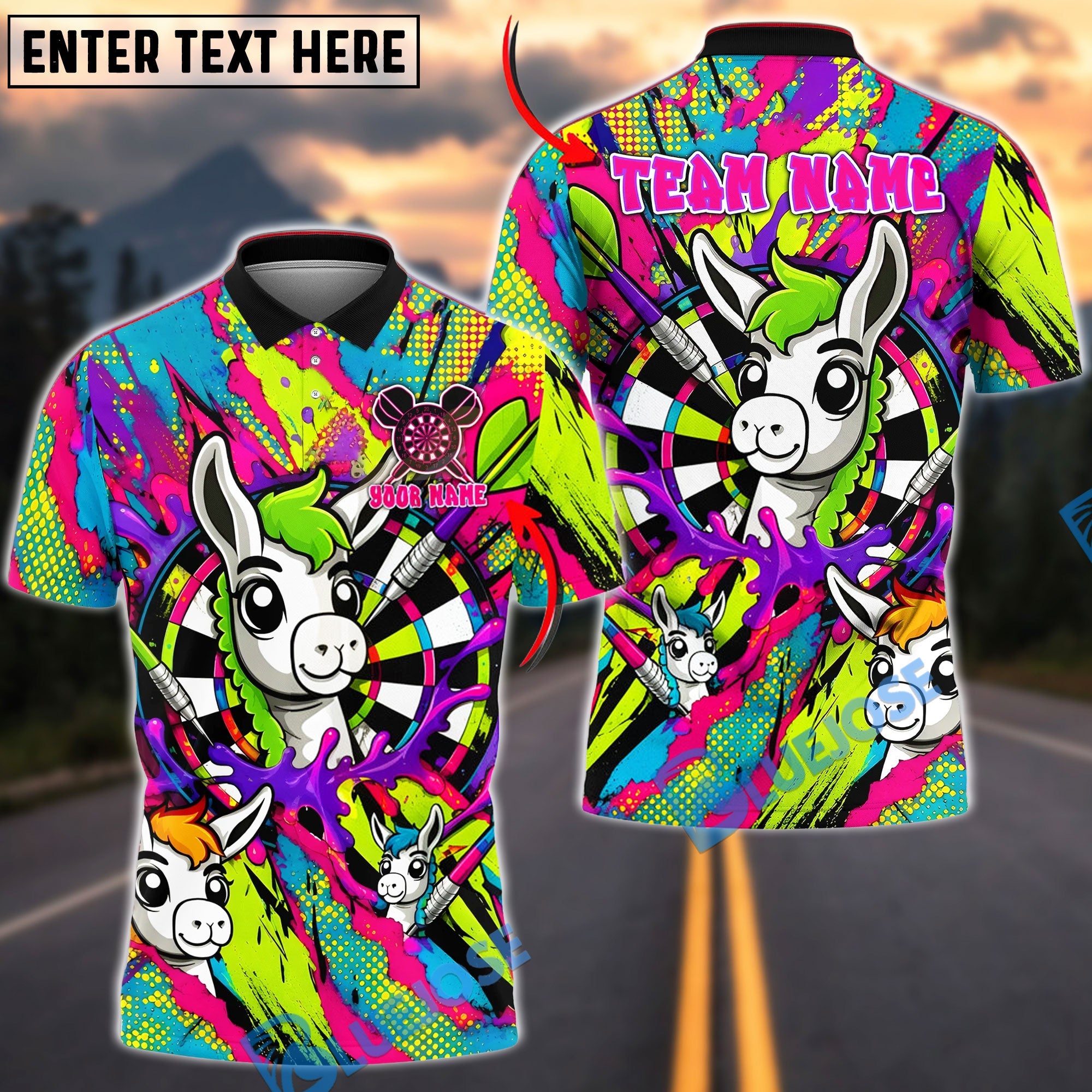 BlueJose Darts Colorful Neon Graffiti Llama Personalized Name Shirt