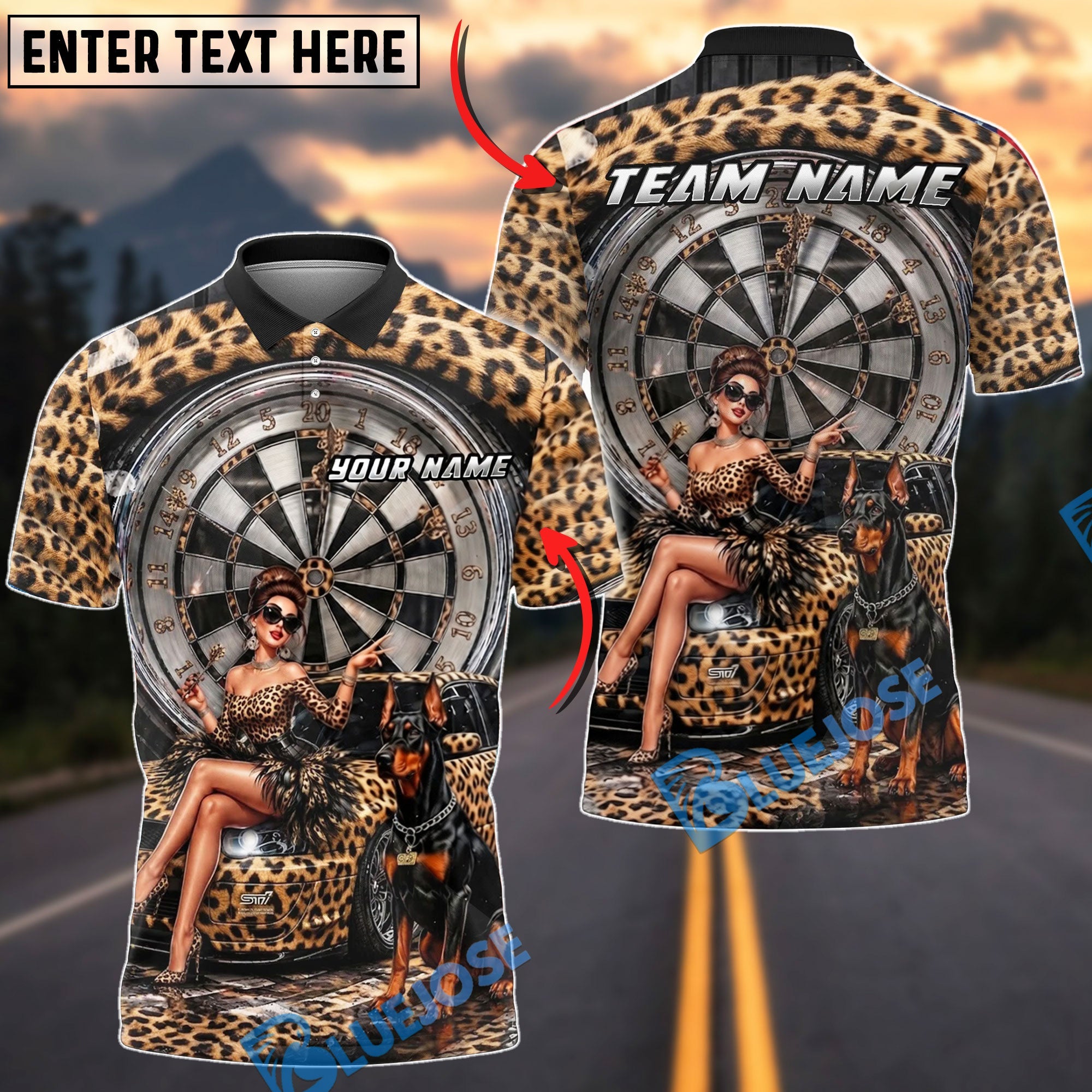 BlueJose Darts Leopard Luxury Girl Doberman Design Personalized Name, Team Name Unisex Shirt (6 Colors)