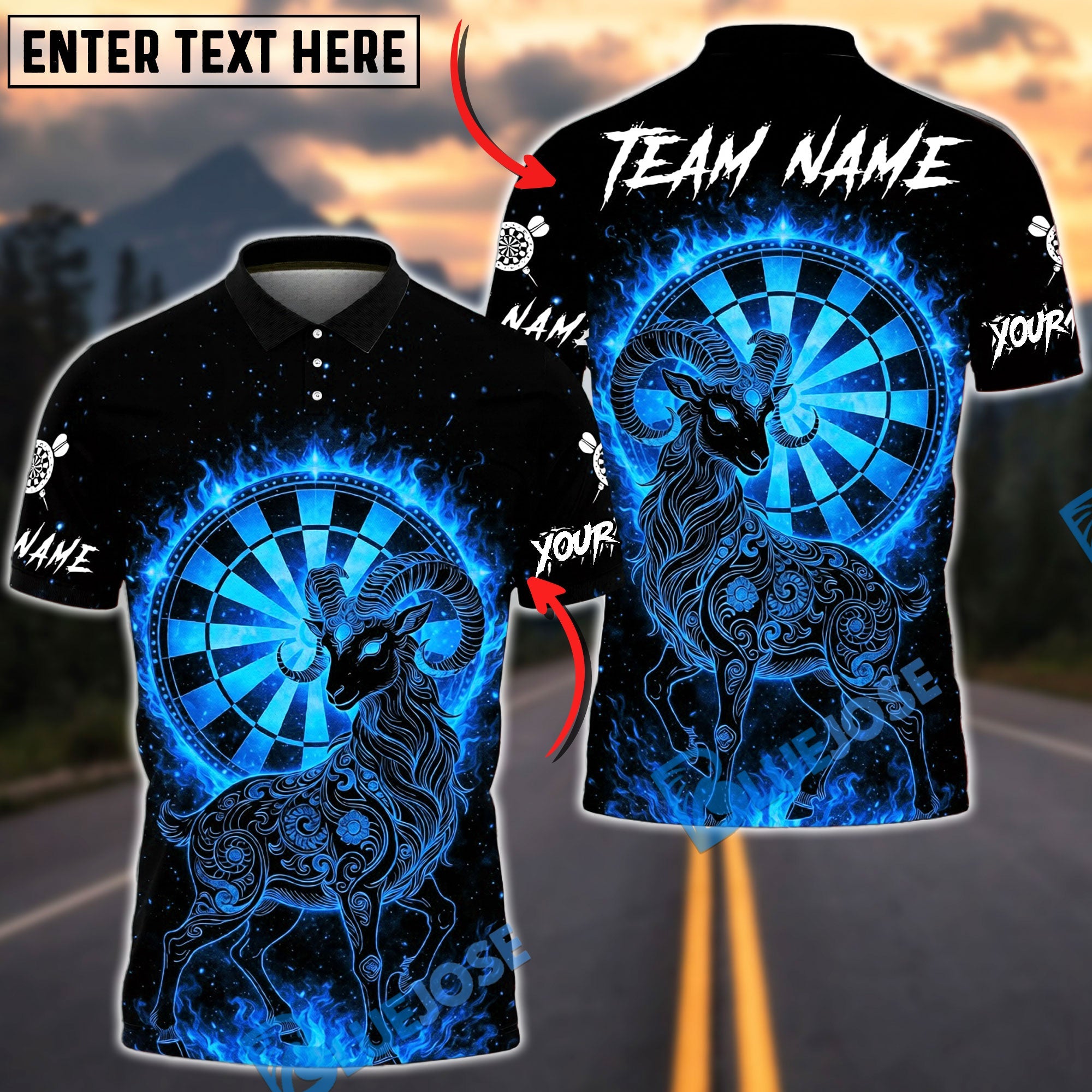 BlueJose Darts Flaming Aries Ram Zodiac Dartboard Personalized Name, Team Name Unisex Shirt (4 Colors)