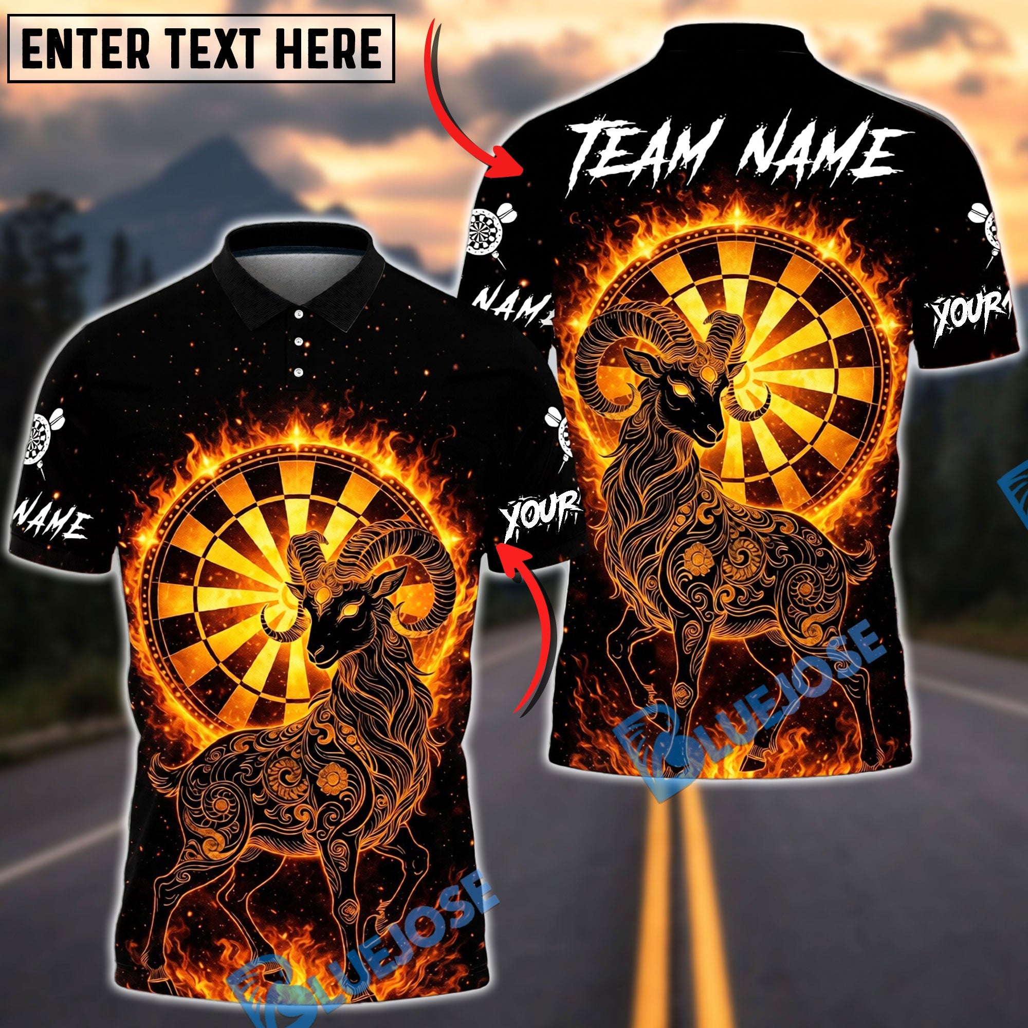 BlueJose Darts Flaming Aries Ram Zodiac Dartboard Personalized Name, Team Name Unisex Shirt (4 Colors)