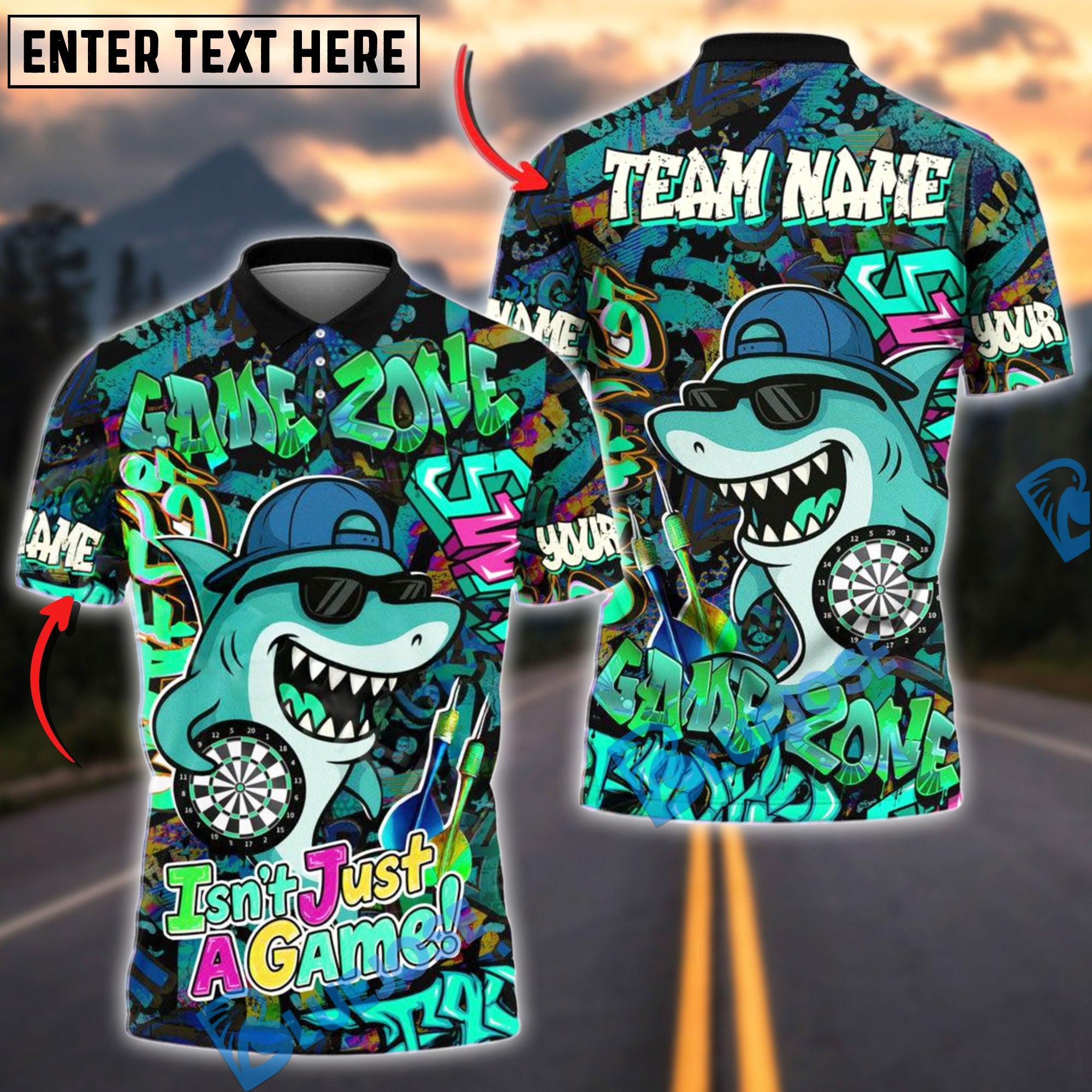 BlueJose Darts Cool Shark Graffiti Style Multicolor Options Personalized Name Shirt (4 Colors)