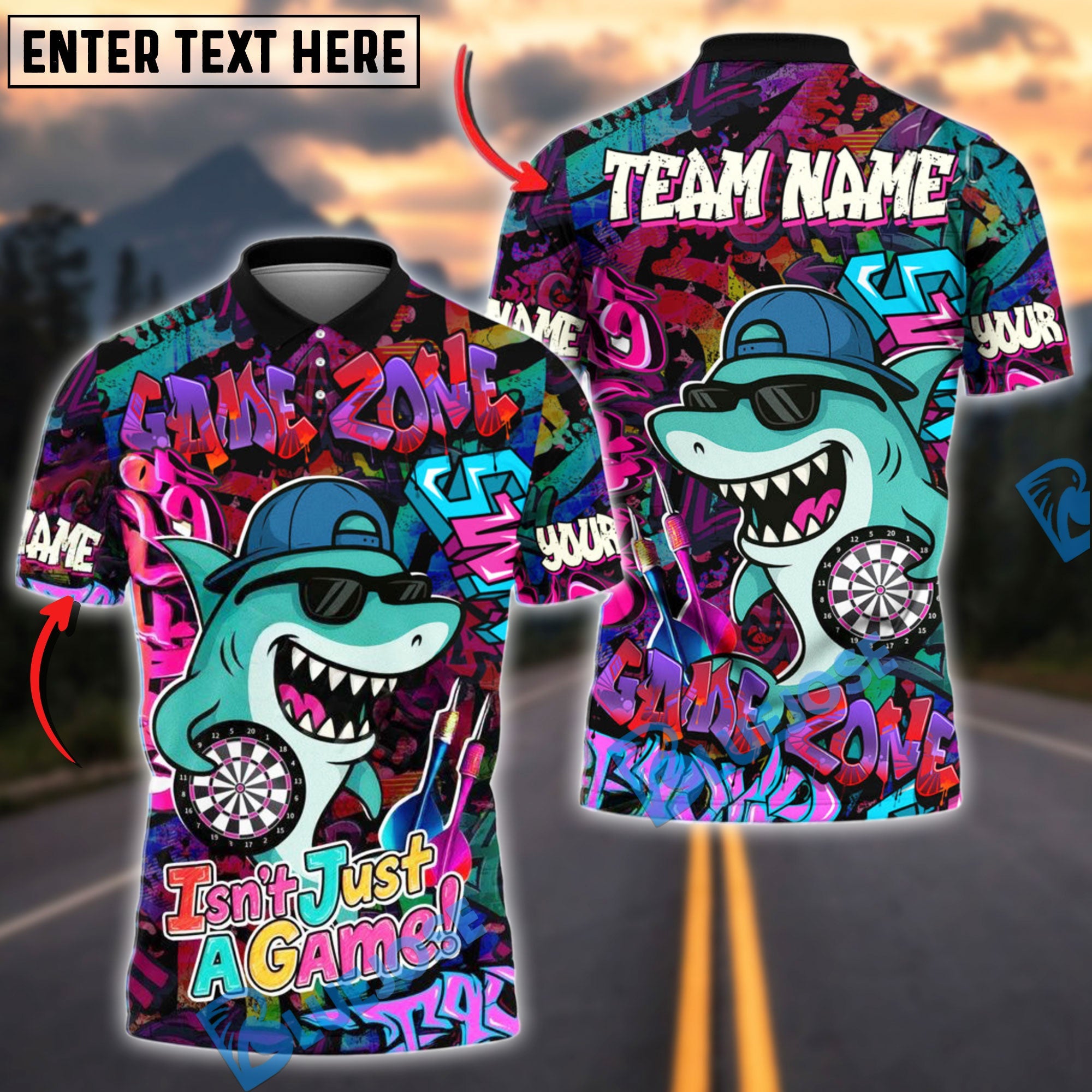 BlueJose Darts Cool Shark Graffiti Style Multicolor Options Personalized Name Shirt (4 Colors)