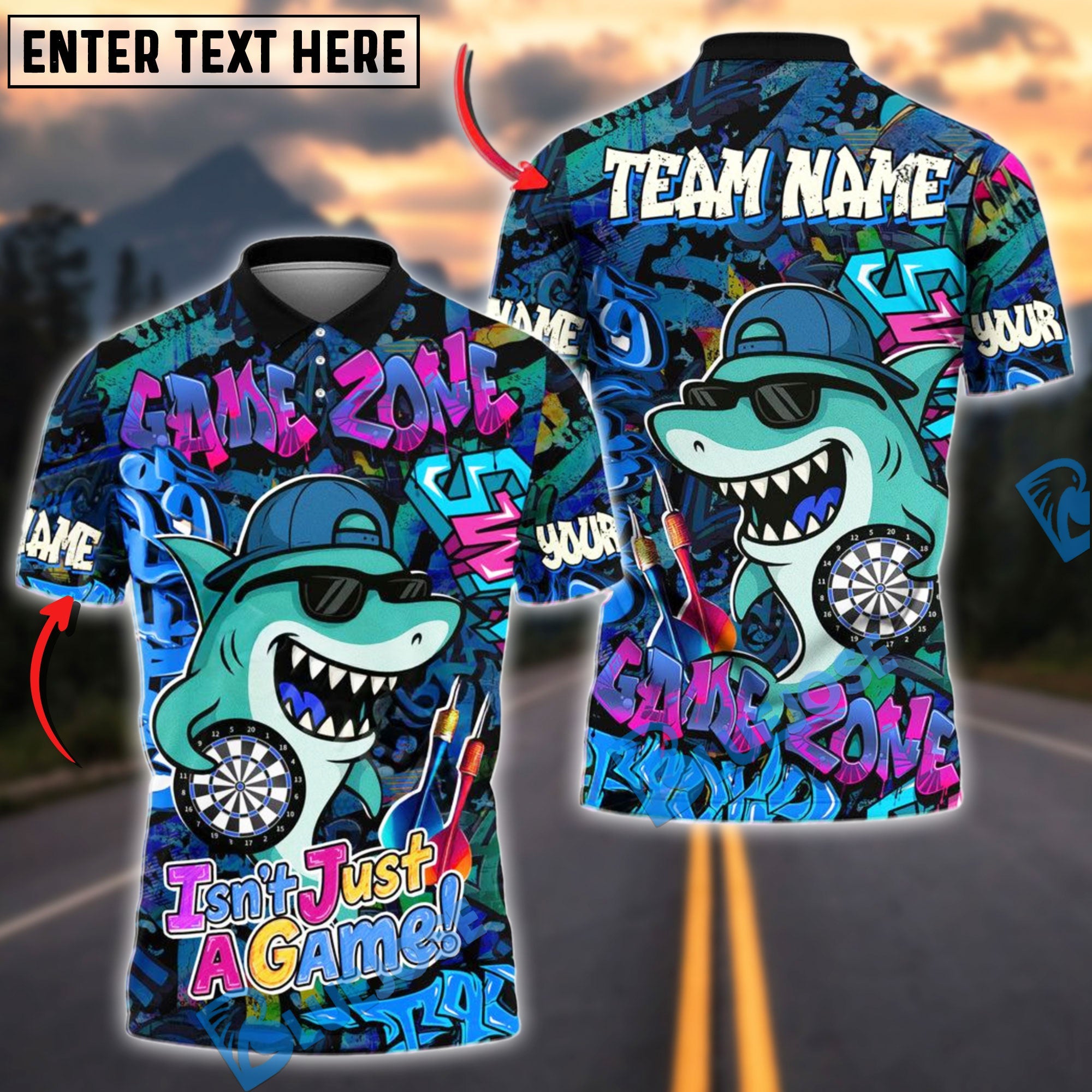 BlueJose Darts Cool Shark Graffiti Style Multicolor Options Personalized Name Shirt (4 Colors)