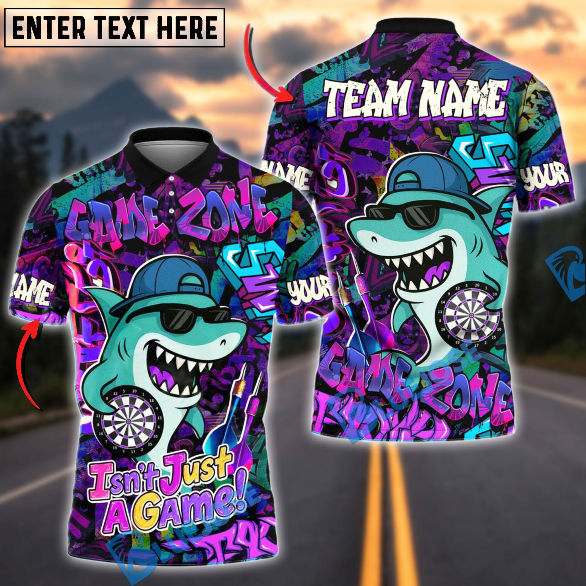 BlueJose Darts Cool Shark Graffiti Style Multicolor Options Personalized Name Shirt (4 Colors)