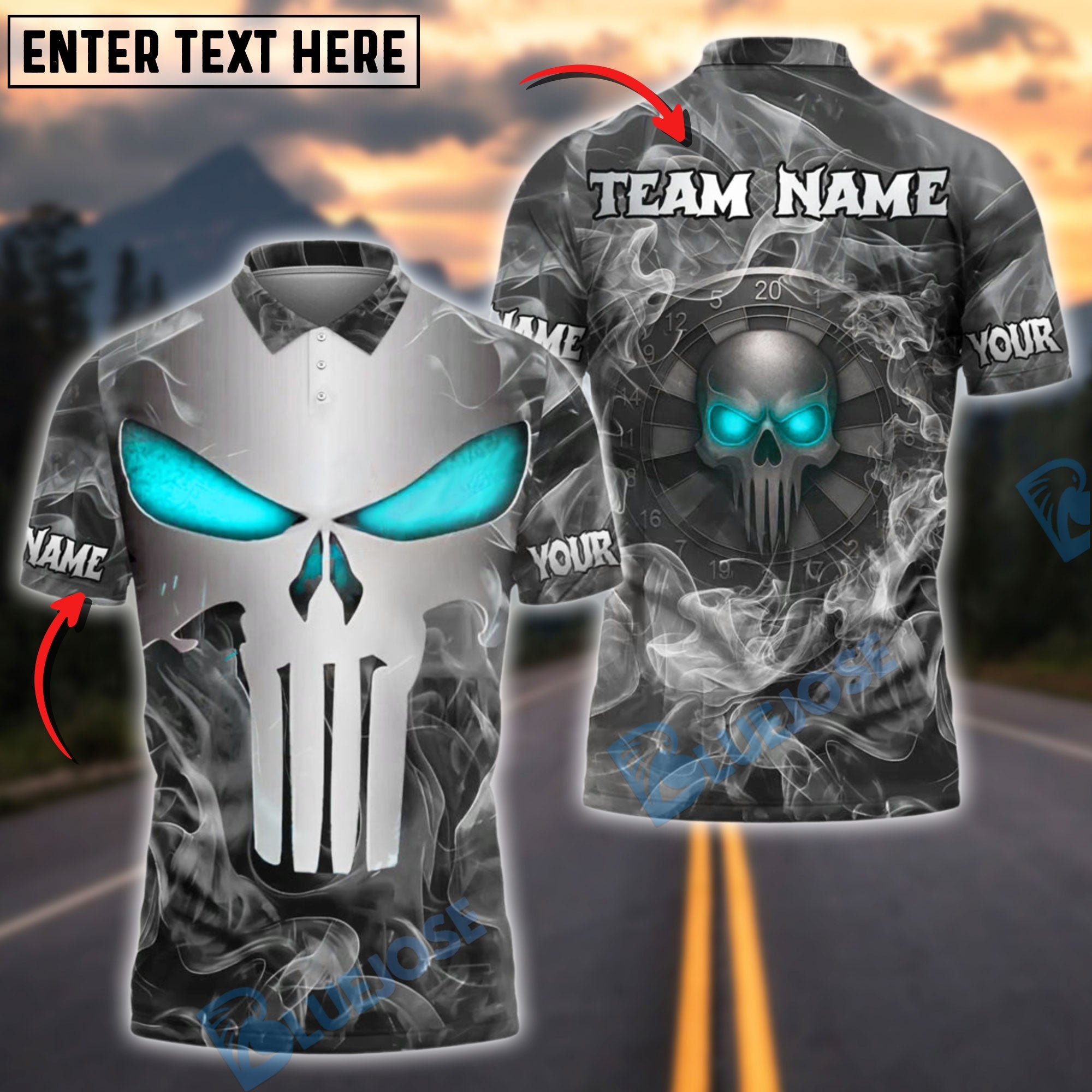 BlueJose Darts Punisher Skull Metal Smoke Customized Name, Team Name 3D Shirt (4 Colors)