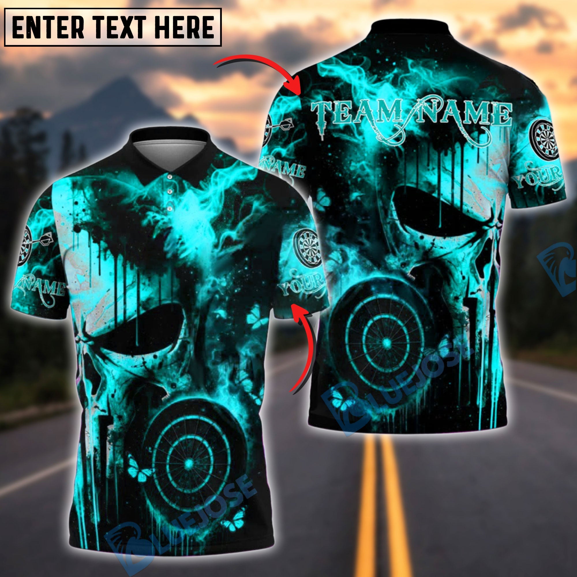 BlueJose Darts Punisher Skull Fire Flames Customized Name, Team Name 3D Shirt (4 Colors)