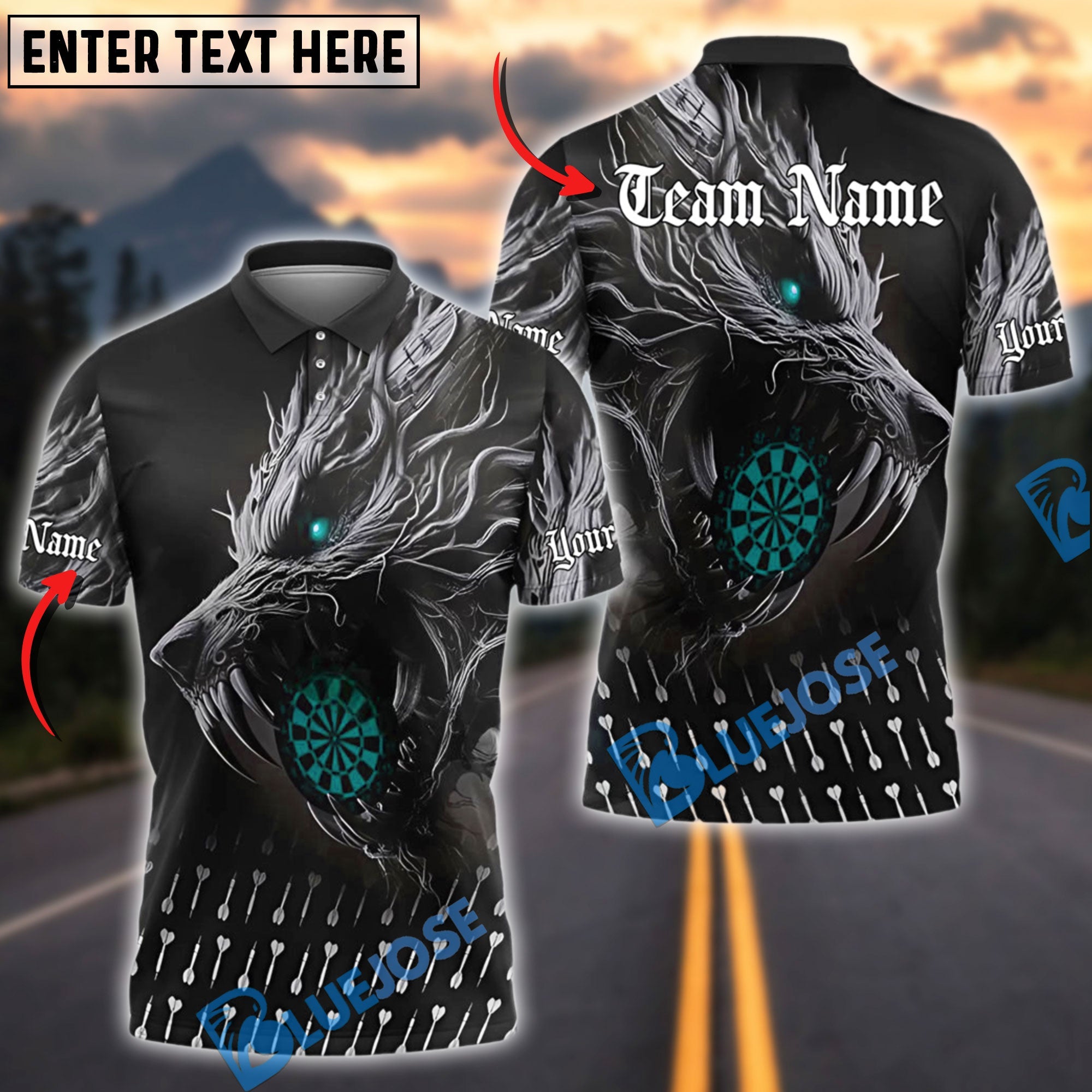 BlueJose Darts Savage Wolf Multicolor Options Personalized Name Shirt (4 Colors)