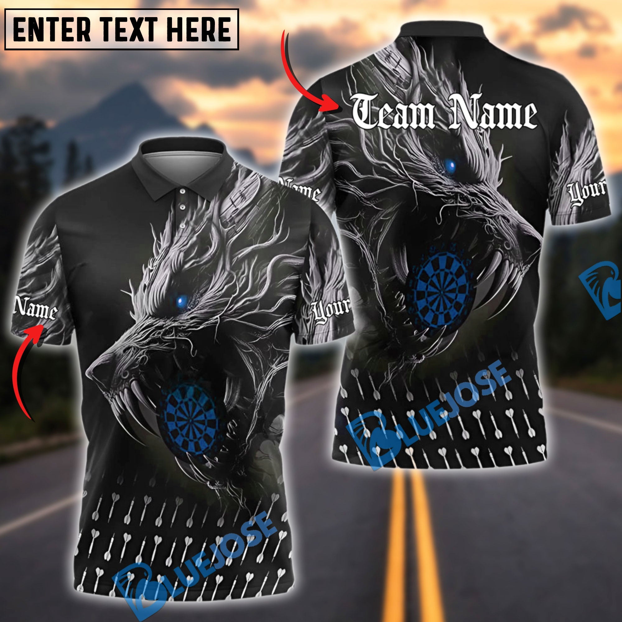 BlueJose Darts Savage Wolf Multicolor Options Personalized Name Shirt (4 Colors)